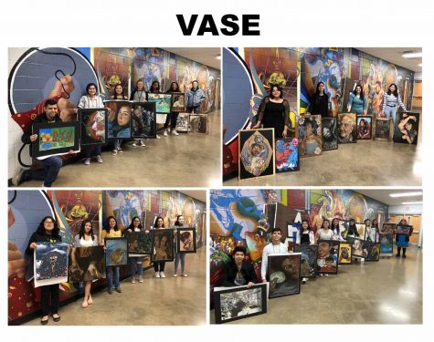 Art students with their pieces for the VASE competition.