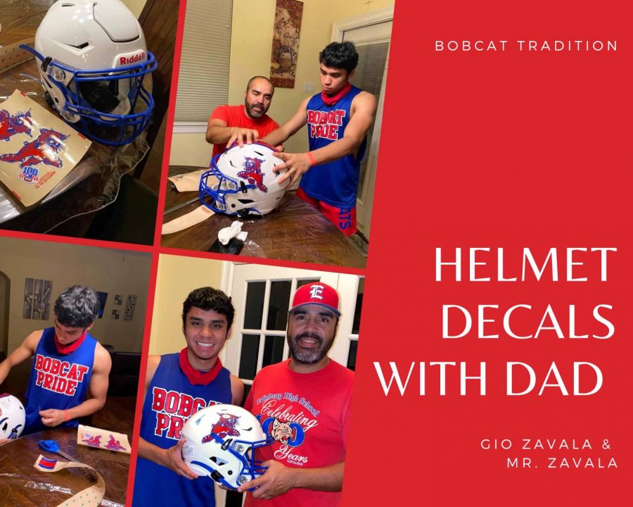 A Bobcat Family Tradition. Senior Gio Zavala and Mr. Zavala put the decals on his football helmet.