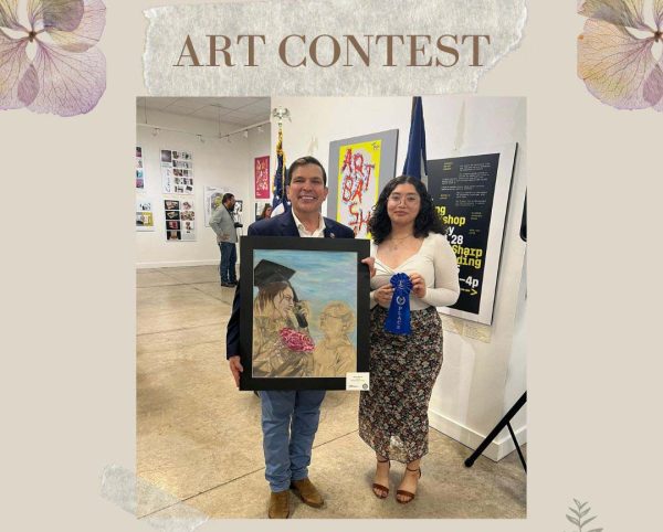 Congressman Vicente Gonzalez stands with sophomore Sylvia Reyna at the U.S. Congressional Art Contest. Reyna won 1st place.